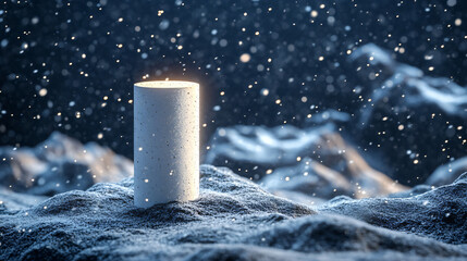 Minimalist cylinder product design showcased cinematic snowy landscapes soft glowing lighting detailed texture evoking serene winter ambiance concept advertising mockup blank marketing candle banner