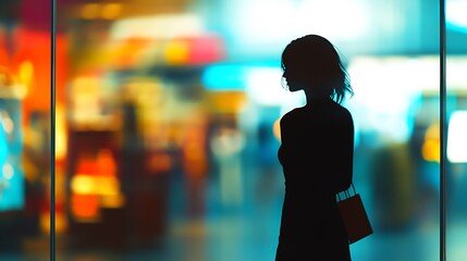 Silhouette of woman with shopping bag at night.
