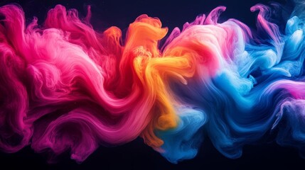 A vibrant swirl of colorful smoke in shades of pink, orange, and blue against a dark background, creating a dynamic and artistic visual effect.