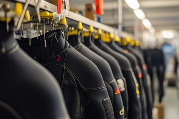 Neoprene Wetsuits on Display in Industrial Setting Highlighting Dive Gear Manufacturing and Sportswear Innovation