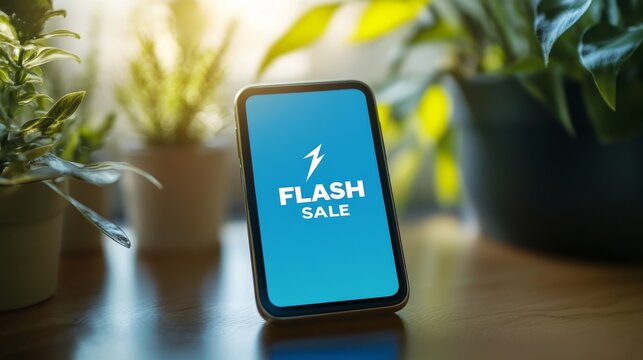 Flash Sale Alert on Smartphone Screen Surrounded by Greenhouse Plants Trendy Digital Marketing and E-commerce Concept