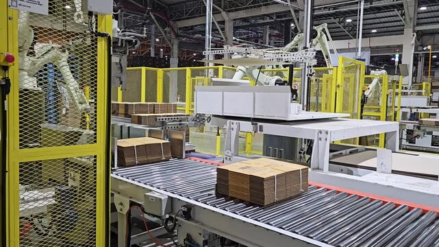 A robotic arm stacks cardboard boxes on a pallet.