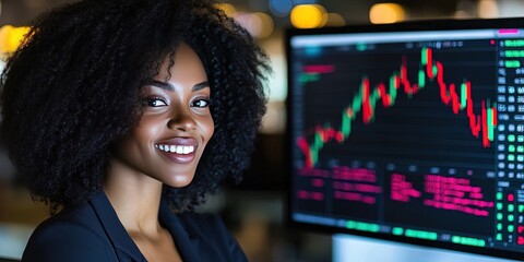 a smiley african american businesswoman looking at monitor screen with red and green day trading charts,