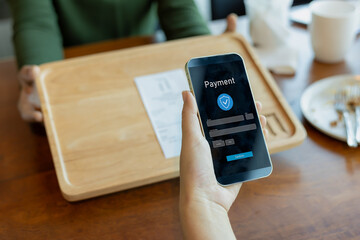 Payment online, Human hands holding mobile phone, Banking, Digital online payment concept, Technology online banking applications via internet network, Financial transaction, Pay without money.