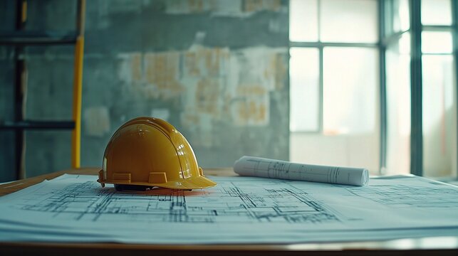 Construction Site Plans: Yellow hard hat and blueprints on a wooden table.  A glimpse into the detailed planning and preparation for a construction project.