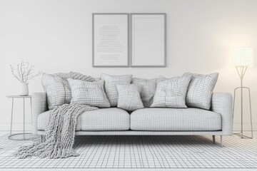 A minimalist living room featuring a cozy sofa with cushions, a side table, and soft lighting.