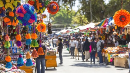 Fototapeta premium Vibrant market scene filled with colorful decorations and bustling shoppers.