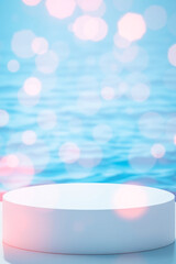 white cylindrical platform against blurred blue water background