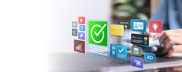 Businessman Take an assessment, Check list, questionnaire, evaluation, filling out an online survey form. Answer the test questions. online survey exam Choosing the right answer in the exam,