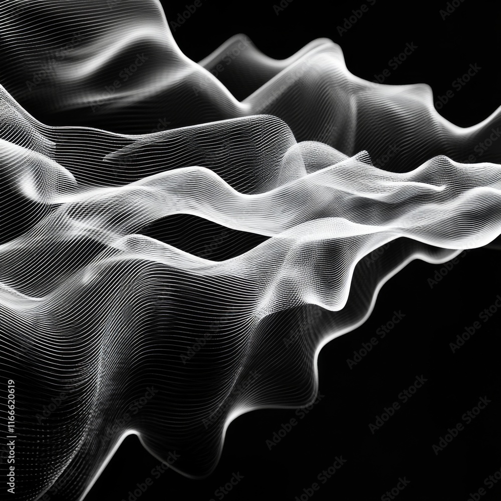 Poster abstract grayscale wave pattern on black background.