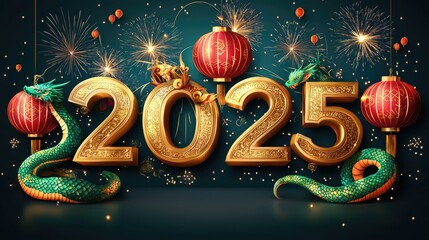 Bright and colorful display of the number "2025" with fireworks, lanterns and snake decorations for New Year. The text is in gold letters on a luxurious background. Ai