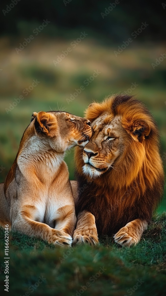 Wall mural A lion and lioness share a tender moment in a natural setting.