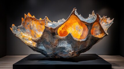 A large, intricately designed shell sculpture with vibrant orange interior lighting.