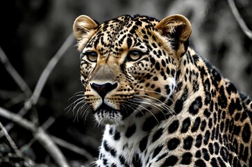 Close-up portrait of a leopard, its eyes gleaming with intelligence and power, captures the raw beauty and intensity of this magnificent predator.