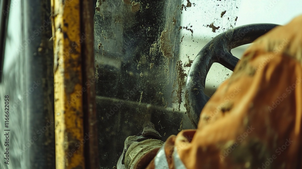 Poster close-up of worker operating construction machinery in action