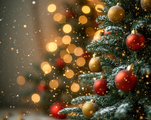 snow-dusted evergreen tree with red gold ornaments
