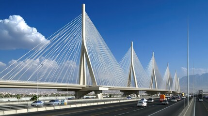 Obraz premium A modern cable-stayed bridge with vehicles passing under a clear blue sky.