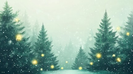 Obraz premium Magical forest with christmas trees and glowing lights christmas card style watercolor abstract artistic winter wonderland nature green woodland holiday background backdrop wallpaper with copy space.