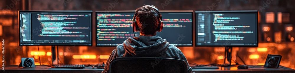 Fototapete Teen Programmer in Dark Room Engrossed in Coding on Multiple Monitors
