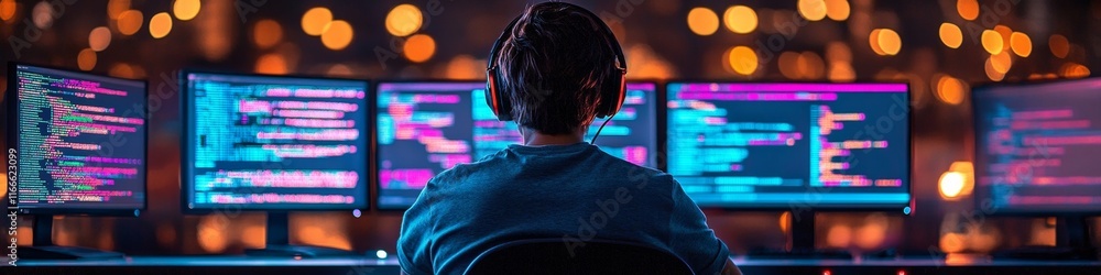 Poster Teen Programmer in Dark Room with Glowing Monitors and Scrolling Code