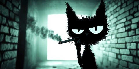 2D animation cat smoking a cigarette standing in a dark garage.