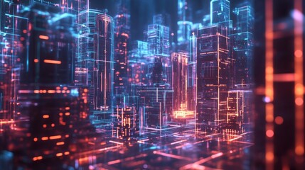 Futuristic digital city with glowing lines and vibrant colors, creating an abstract representation of interconnected buildings.
