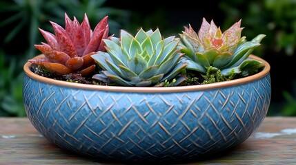 Succulent Trio Planted In A Blue Ceramic Bowl
