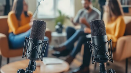 Two microphones in focus, podcast interview in soft focus background.
