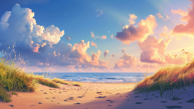 Serene Beachscape Illustration with Dramatic Clouds and Golden Sunset