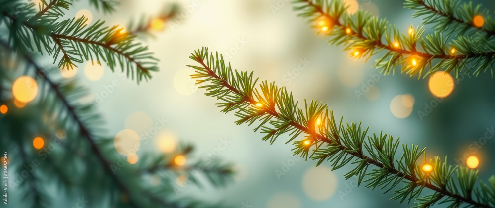 Poster illuminated evergreen branches with soft bokeh background