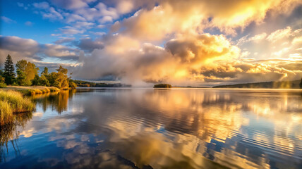 Obraz premium Sunset reflection on tranquil lake surface