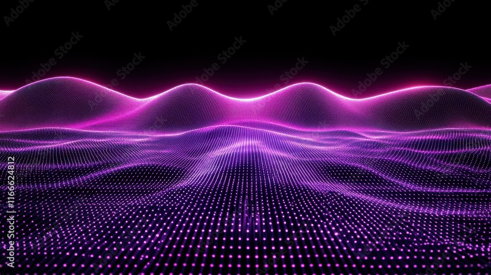 Poster an abstract configuration of pink and purple glowing dots connected by laser-like lines across a dar