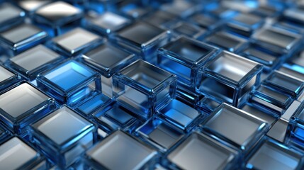 Blue and grey glossy squares abstract tech banner design. Modern abstract blue background design with layers of transparent material in square shapes in random geometric patterns.