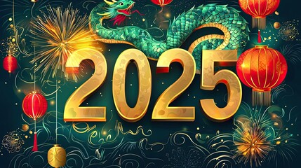 Bright and colorful display of the number "2025" with fireworks, lanterns and snake decorations for New Year. The text is in gold letters on a luxurious background. Ai