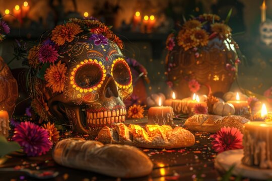 Day of the dead Sugar skull with candles  bread and flowers altar decoration at Janitzio  Michoacan