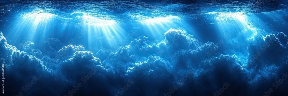 Poster underwater scene with rays of light illuminating clouds beneath the ocean surface.