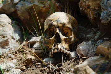 Dry human skulls and bones in Madagascar cave.