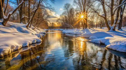 Naklejka premium Snowy stream in golden light at sunrise
