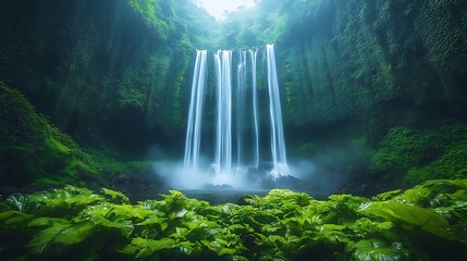Lush green foliage surrounds a majestic waterfall cascading down mossy cliffs.
