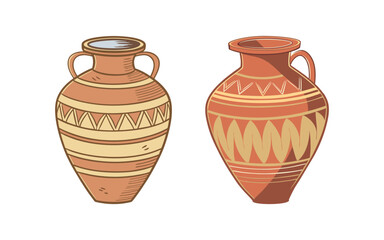 Vintage clay pottery illustration with traditional patterns and earthy tones in rustic style