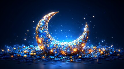 Crescent Moon Adorned With Blue And Gold Flowers