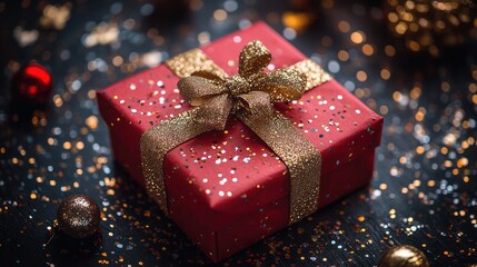 A Red Gift Box with Gold Ribbon on Glitter Background