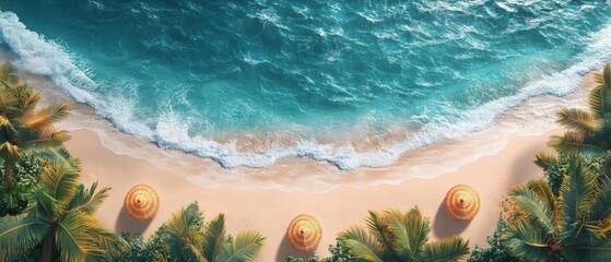 Obraz premium Aerial view of a serene beach with turquoise waters, golden sand, and lush palm trees, featuring cozy beach umbrellas for relaxation.