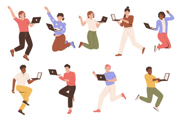Set collection of people jumping happily while holding laptops. Illustrations for websites, landing pages, mobile apps, posters and banners. Trendy flat vector illustrations