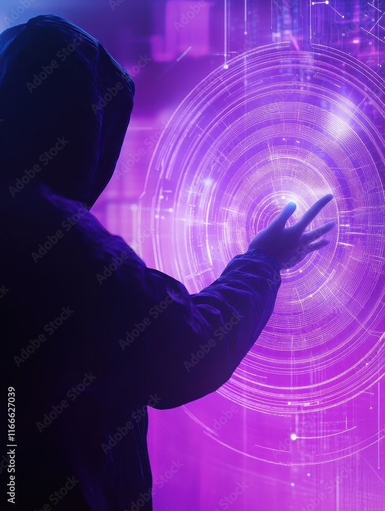 Poster hacker using abstract polygonal circles interface on blurry purple background. metaverse and future 