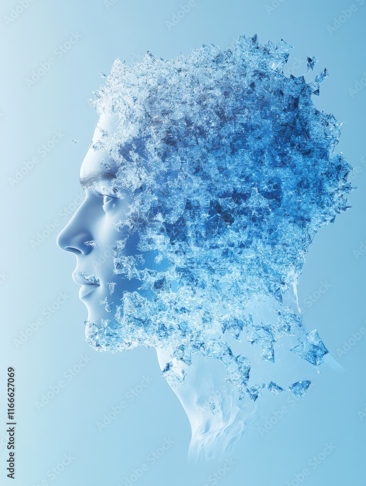 Poster man profile silhouette with abstract polygonal brain on blue background. artificial intelligence and