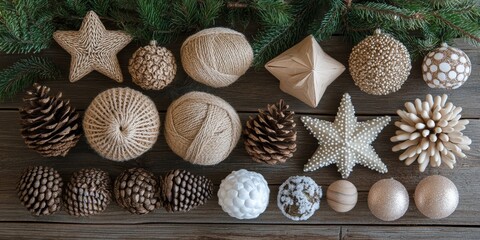 Eco-Friendly Holiday Decor Natural Aesthetic Flat Lay with Pinecones and Paper Stars on Wooden Surface