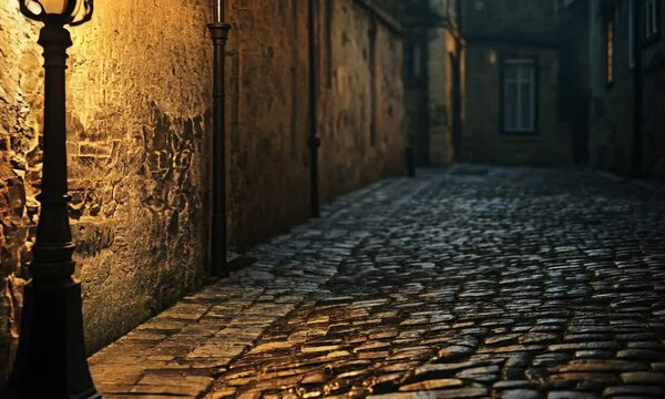 Illuminated Cobblestone Alleyway at Night, Single Gas Lamp