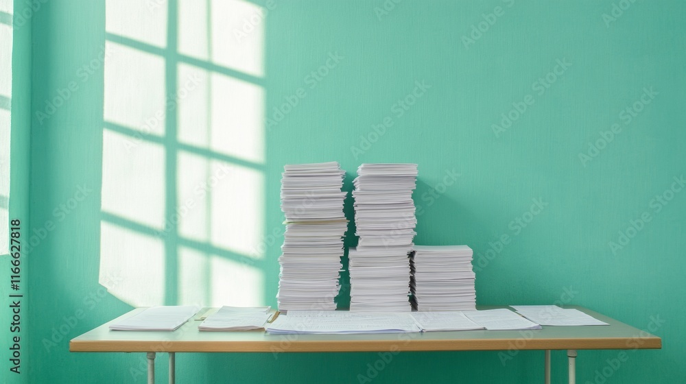 Aufkleber dimly lit office space with stacks of paper casting shadows