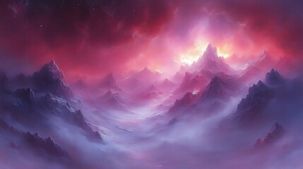 A Mystical Mountain Range Under a Pink Sky
